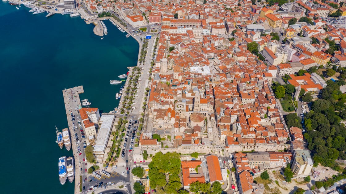 Aerial view of Diocletian's Palace, the Riva and Split harbour
