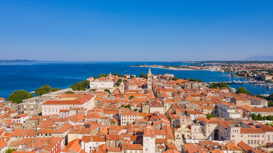 Aerial view of Zadar's historic peninsula and surrounding coast